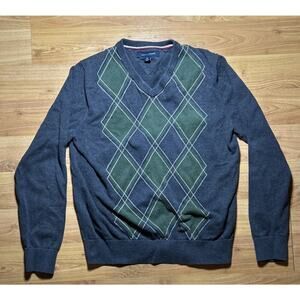 Tommy Hilfiger Men's Cotton V-neck Argyle Sweater Grey Size S Preppy Classic Fit
